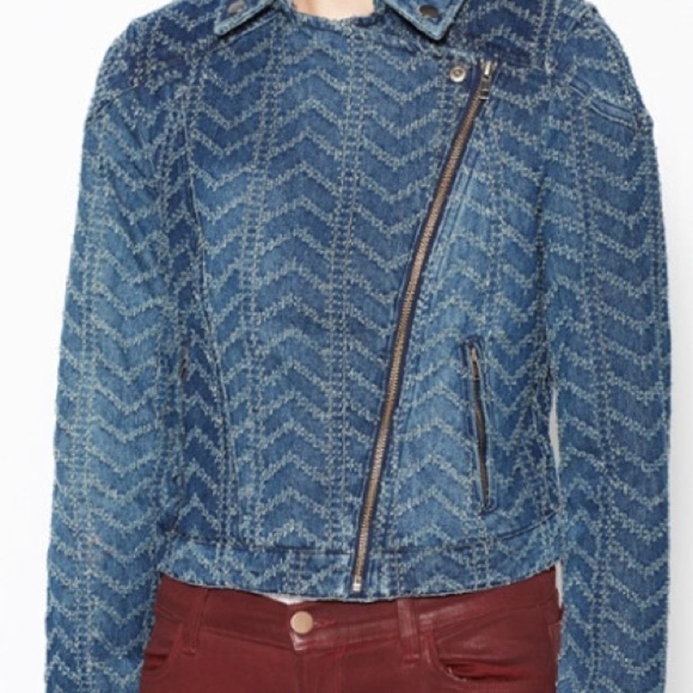FREE PEOPLE Textured Chevron Blue Denim Moto Jacket